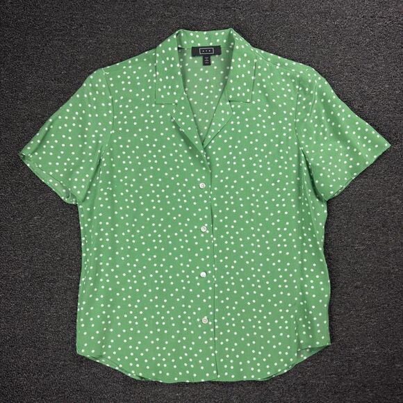 Ayr Tops - AYR Women’s Size S Polka Dot Short Sleeve Button Up Blouse Green Silk Blend